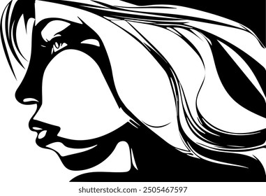 Black and white vector graphic of the side profile face of an attractive woman wearing long hair blowing in the wind, against a solid black background.