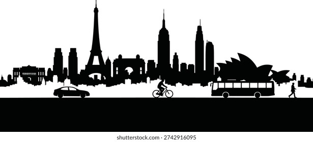 Black and white vector graphic silhouette displays iconic landmarks from various global cities merged into one cityscape above ground transportation including a cyclist a car and a tour bus.