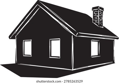 A black and white vector graphic of a simple cottage or house shown from a three-quarters perspective angle. The illustration utilizes a solid black silhouette style with hand-drawn, sketch-like white highlights that emphasize the corners, roofline, and chimney contours. Three rectangular windows are cut out in white on the front-facing wall. The house sits on a stylized, angular black ground shadow against a plain white background, giving it a dynamic, modern graphic look.