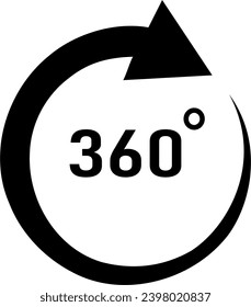 Black and white vector graphic of a spiraling arrow with a message of 360 degrees in the centre. Could be used for a travel company.