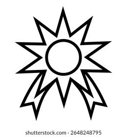 Um gráfico vetorial preto e branco de uma estrela com um círculo no centro e fitas abaixo, criando um design simples e arrojado adequado para várias aplicações.