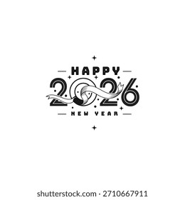 Black and white vector graphic with stylized text "HAPPY 2026 NEW YEAR" surrounded by stars and a ribbon.