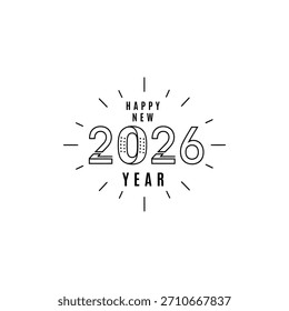 Gráfico de Vector en blanco y negro con texto Feliz año Nuevo 2026 y líneas radiantes.