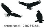 Black and white vector graphic of three eagles one is a flying bald eagle with white head, another is an eagle landing, and the third is perched on a branch.