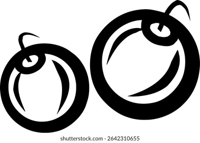 Black and white vector graphic of two cherries with stems attached, designed as a simple fruit icon or illustration for food and nature themes.
