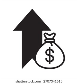 Gráfico de Vector en blanco y negro de una flecha hacia arriba y una bolsa de dinero, que simboliza el crecimiento financiero y el éxito de la inversión.