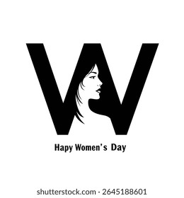 Black and white vector graphic of a woman's face profile formed within a bold black uppercase W The text Happy Women's Day is below.