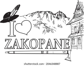 Black and white vector graphics depicting the inscription Zakopane and a heart, as well as mountains and a wooden highlander house. svg