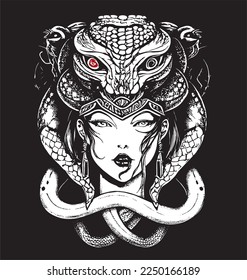 black and white vector graphics of a girl's face in a snake mask, a modern variation on the theme of the Gorgon Medusa, logo, tattoo or stamp