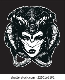 black and white vector graphics of a girl's face in a snake mask, a modern variation on the theme of the Gorgon Medusa, logo, tattoo or stamp