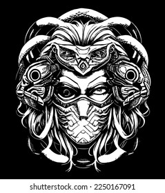 black and white vector graphics of a girl's face in a snake mask, a snake on her head, a variation on the theme of a Gorgon Jellyfish in the style of cyberpunk or post-apocalypse, logo, tattoo or stam