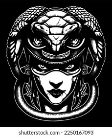 black and white vector graphics of a girl's face in a snake mask, a snake on her head, a variation on the theme of a Gorgon Jellyfish in the style of cyberpunk or post-apocalypse, logo, tattoo or stam