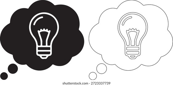 Gráficos de Vector en blanco y negro de dos bombillas en burbujas de pensamiento, una rellena y otra perfilada, sobre un fondo blanco puro.