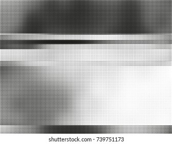 Black and white vector halftone background. Modern abstract illustration. Chaotic glitched grid of dots with different size. Segmented graphic gradient made of round particles. Element of design.