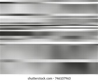 Black and white vector halftone background. Modern abstract illustration. Chaotic glitched grid of dots with different size. Segmented graphic gradient made of round particles. Element of design.