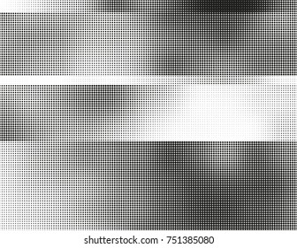 Black and white vector halftone background. Modern abstract illustration. Chaotic glitched grid of dots with different size. Segmented graphic gradient made of round particles. Element of design.