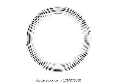Black and white vector halftone. Comic round half tone on white background. Centered dotted ring with copy space. Retro overlay. Dot pattern on transparent backdrop. Digital perforated halftone