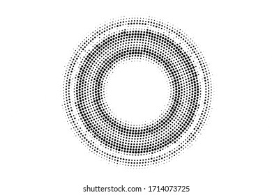 Black and white vector halftone. Concentrated round half tone on white background. Centered dotted ring with copy space. Retro overlay. Dot pattern on transparent backdrop. Digital perforated halftone