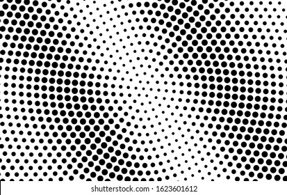Black and white vector halftone. Contrast half tone shade texture. Retro comic effect overlay. Centered dotted gradient. Dot pattern on transparent backdrop. Dynamic halftone perforated texture