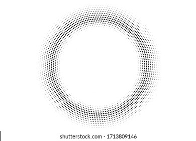 Black and white vector halftone. Digital round half tone on white background. Centered dotted ring with copy space. Comic overlay. Dot pattern on transparent backdrop. Digital perforated halftone