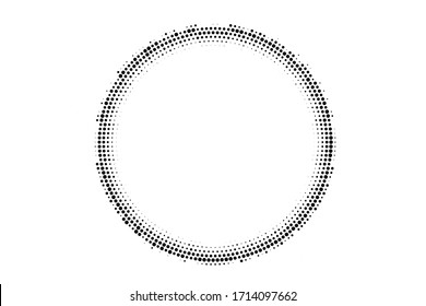 Black and white vector halftone. Dotted round half tone on white background. Centered dotted ring with copy space. Retro overlay. Dot pattern on transparent backdrop. Digital perforated halftone