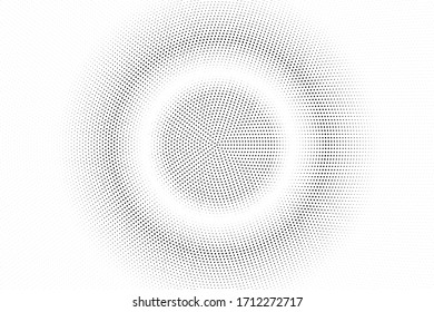Black and white vector halftone. Faded half tone digital texture. Centered dotted gradient. Retro comic effect overlay. Dot pattern on transparent backdrop. Dynamic halftone perforated texture