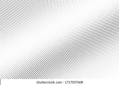 Black and white vector halftone. Faded half tone texture. Grungy dotted gradient. Retro effect overlay. Trendy dot pattern on transparent backdrop. Modern graphic halftone perforated surface