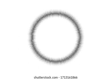 Black and white vector halftone. Frequent round half tone on white background. Centered dotted ring with copy space. Comic overlay. Dot pattern on transparent backdrop. Digital perforated halftone