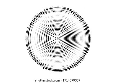Black and white vector halftone. Noisy round half tone on white background. Centered dotted ring with copy space. Retro overlay. Dot pattern on transparent backdrop. Digital perforated halftone