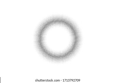 Black and white vector halftone. Regular round half tone on white background. Centered dotted ring with copy space. Comic overlay. Dot pattern on transparent backdrop. Digital perforated halftone