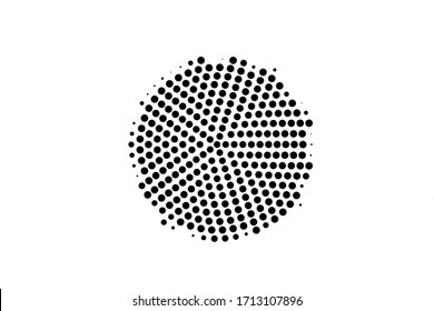 Black and white vector halftone. Round half tone shape on white background. Centered dotted circle. Comic or light effect overlay. Dot pattern on transparent backdrop. Digital perforated halftone