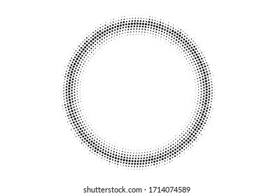 Black and white vector halftone. Wide round half tone on white background. Centered dotted ring with copy space. Retro overlay. Dot pattern on transparent backdrop. Digital perforated halftone