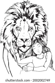 Black and white vector hand drawing of a girl hugging a lion