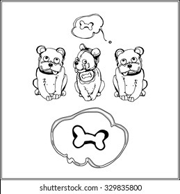 Black and white vector hand drawing sketch of funny dogs for pet shop, animal design 
