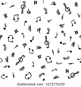 Black and white vector hand drawn music symbols seamless pattern