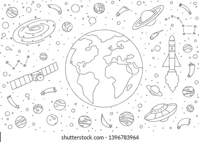 Black and white vector hand drawn doodle cartoon set of Earth planet and different space theme items, objects and symbols. Astronomy illustration. Isolated clip art