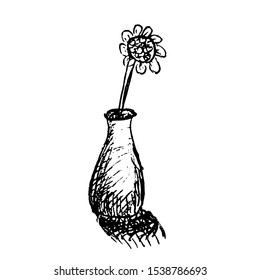 Black and white vector hand drawn sketch of a flower in a vase illustration