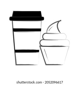 Ilustración de café y tarta de vectores en blanco y negro