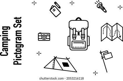 Black and white vector hand drawn set of camping-hiking in the nature themed illustrations. Ideal for web design, graphic design, logo, print, stickers, print, scrap booking, journaling and more.