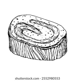 Black and white vector hand drawn illustration of a sweet roll with a twisted filling. Ideal for bakery design, recipe books, packaging, pastry shop menu design or food themed projects