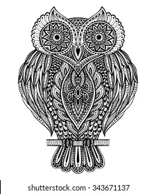 Black and white vector hand drawn ornate  owl in zentangle style for coloring book, t-shirt, bag, postcard, poster