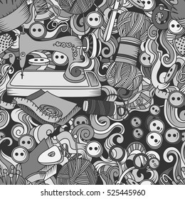 Black and white vector hand drawn seamless pattern of object Hand Made cartoon doodle, symbols and items.
