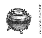 Black and white vector hand-drawn illustration of cauldron with potion. Witch