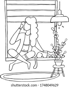 Black and white vector hand-drawn illustration with the theme stay home, girl, phone, cat, window, flower, carpet