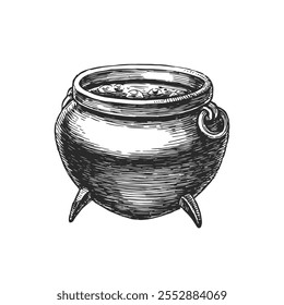 Black and white vector hand-drawn illustration of cauldron with potion. Witch's equipment. Halloween design element.