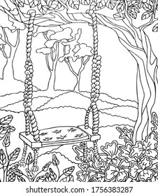 Black and white vector hand-drawn picture park coloring antistress with trees, flowers, with a swing on the ropes. Vector illustration for coloring, for greeting cards, posters, stickers, design.