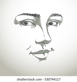 Black and white vector hand-drawn portrait of white-skin flirting woman, face emotions theme illustration. Beautiful sexy lady posing on white background, girl with delicate face features.