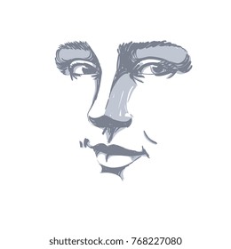 Black and white vector hand-drawn portrait of white-skin flirting woman, face emotions theme illustration. Beautiful sexy lady posing on white background, girl with delicate face features.