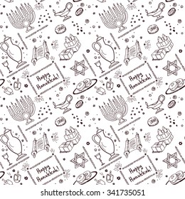 Black and white vector. Hanukkah Chanukah jewish holiday Seamless Hand drawn pattern with Star of David, Menorah, Dreidel, Donuts, Torah; Jar; Glass; Oil Lamp; Coins and Gifts. Doodle symbols on white