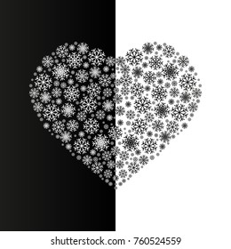 Black and white vector heart made of snowflakes on reversed background; perfect for Christmas, New Year and St.Valentine's greeting cards; festive background
